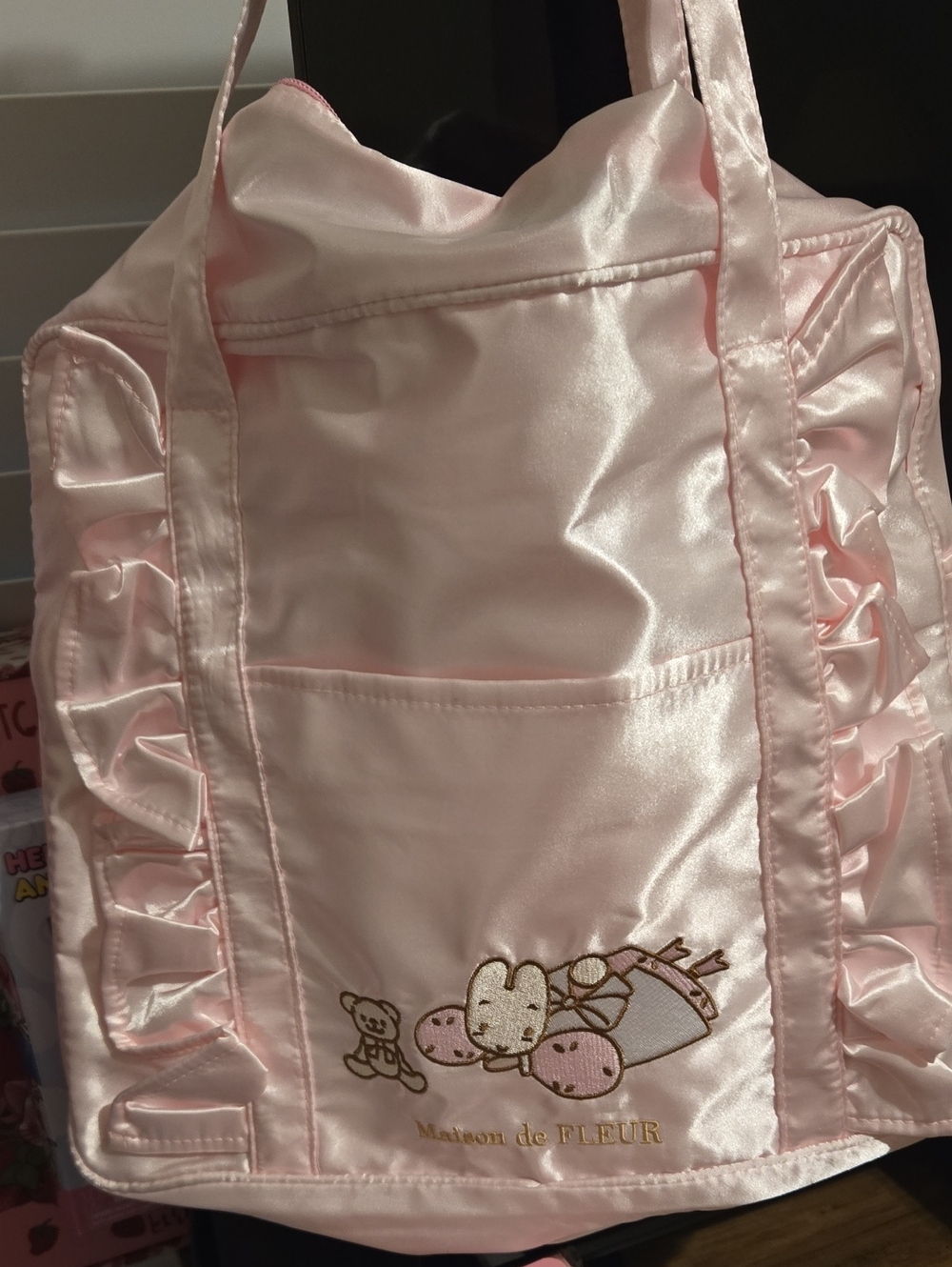 Kids Pink Satin Tote Bag with Ruffle Trim